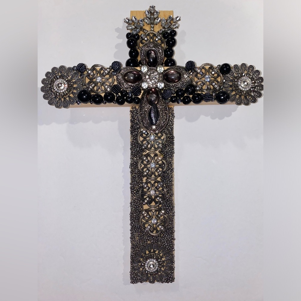 Artisanal Wood ✝️ w/ Repurposed Jewelry Deco of Silver, black & Rhinestones